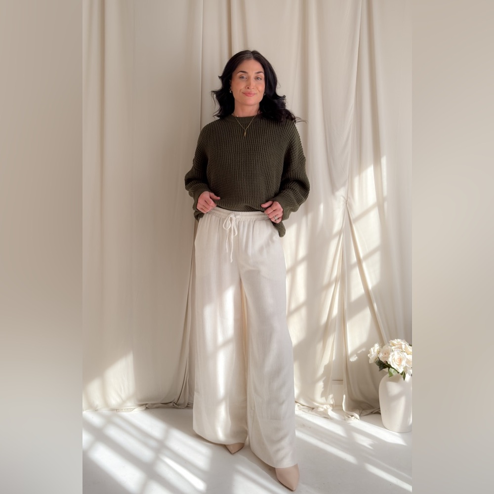 Ivory Linen Blend Wide Leg Drawstring Pants - Picture 8 of 16